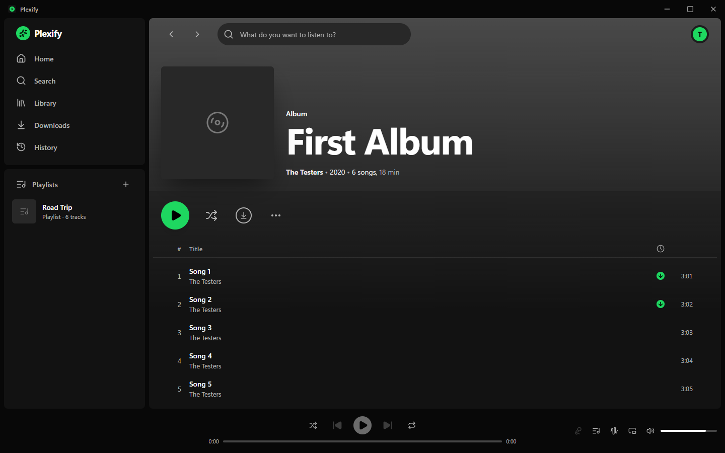 Plexify on Windows showing an album with its track list and the player bar